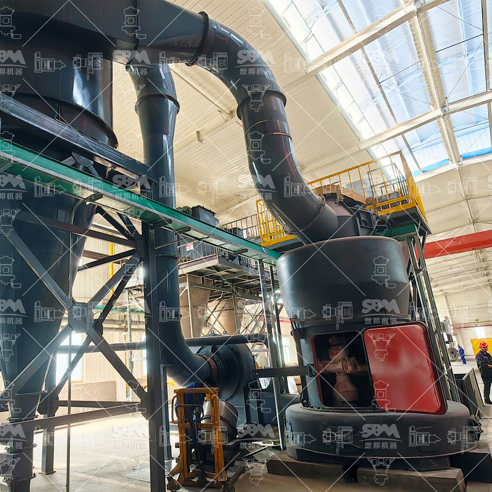 MTW Series European Trapezium Grinding Mill in an industrial setting, showing its compact design and integrated ductwork.