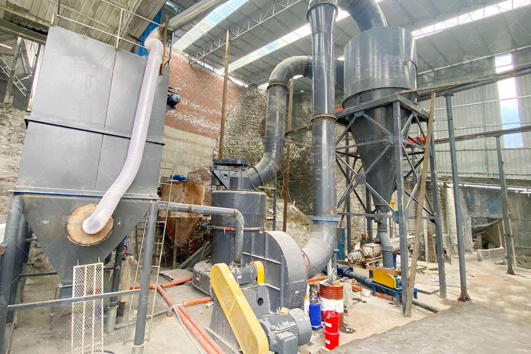 Close-up view of 325 mesh stone powder being mixed into dry mortar formulation in an industrial setting.