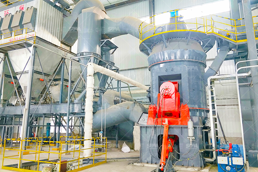 Diagram showing grinding process of building materials in a vertical roller mill including limestone, cement clinker, and gypsum
